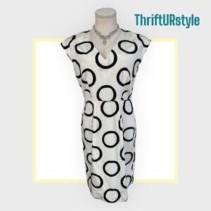 White Circle Print V-Neck Dress Cocktail Party Career Modern Chic